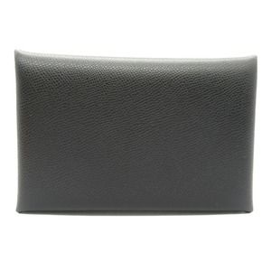 HERMES Calvi Black Card Case Accessory Leather Vaux Madame W